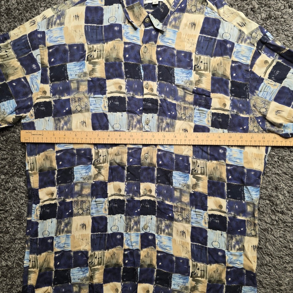 Pierre Cardin Mens Large Blue Tan Abstract Geometric Rayon Short Sleeve Shirt - Picture 3 of 5